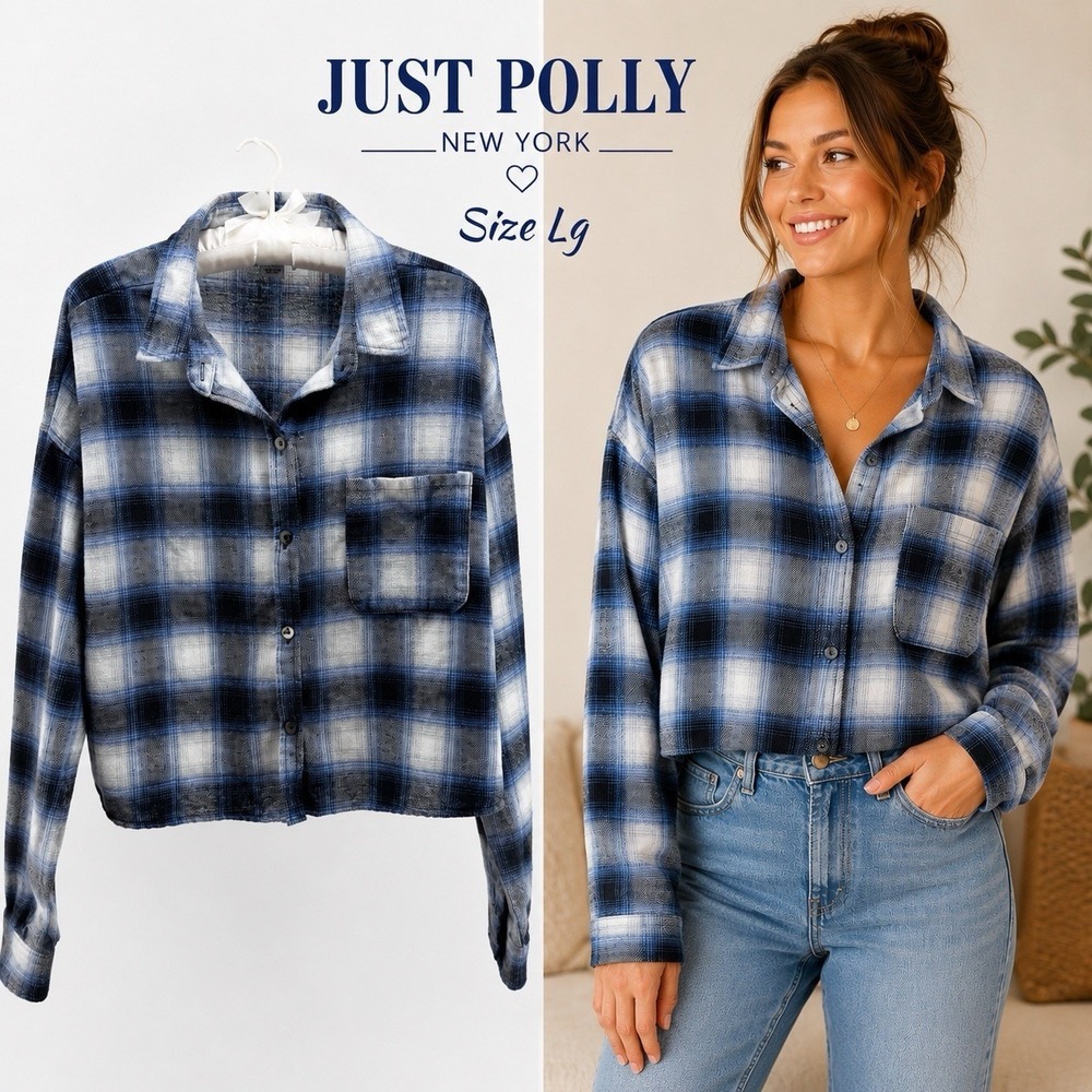 Just Polly New York Plaid Flannel Shirt Women's Large Cropped Blue Button Up